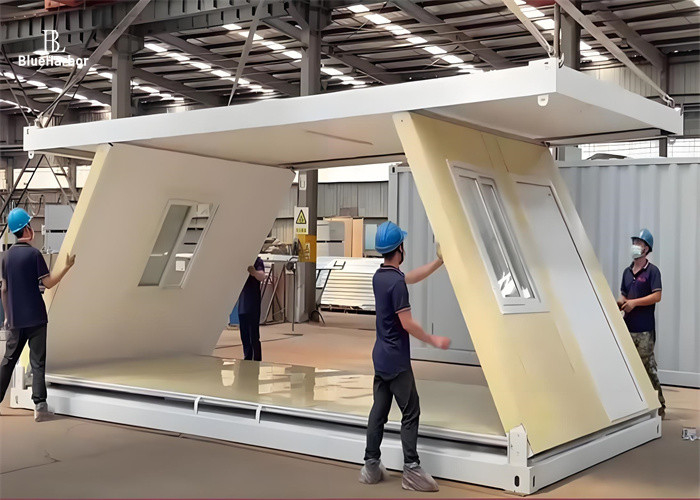 Container pliable en forme de Z, élégant, avec quatre fenêtres et une porte, facile à installer.